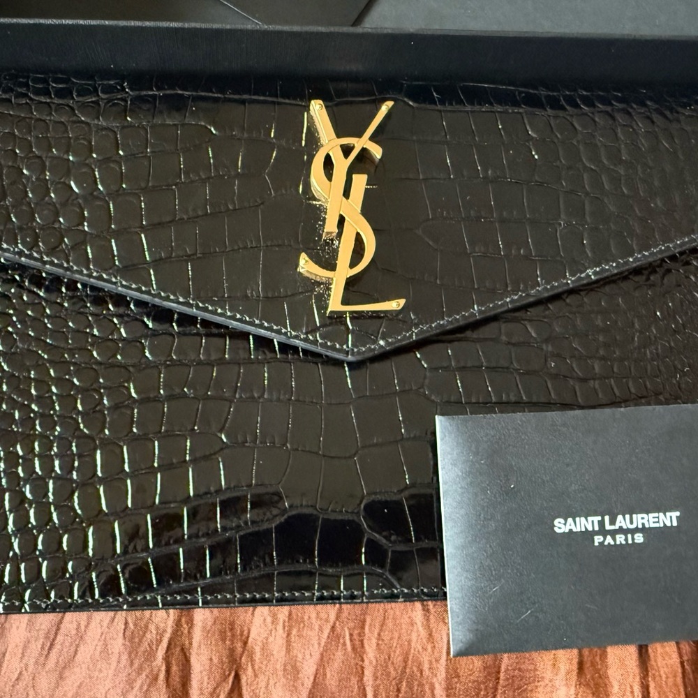 Saint Laurent Black Croc-Embossed Clutch with Gold Logo - Picture 2 of 5